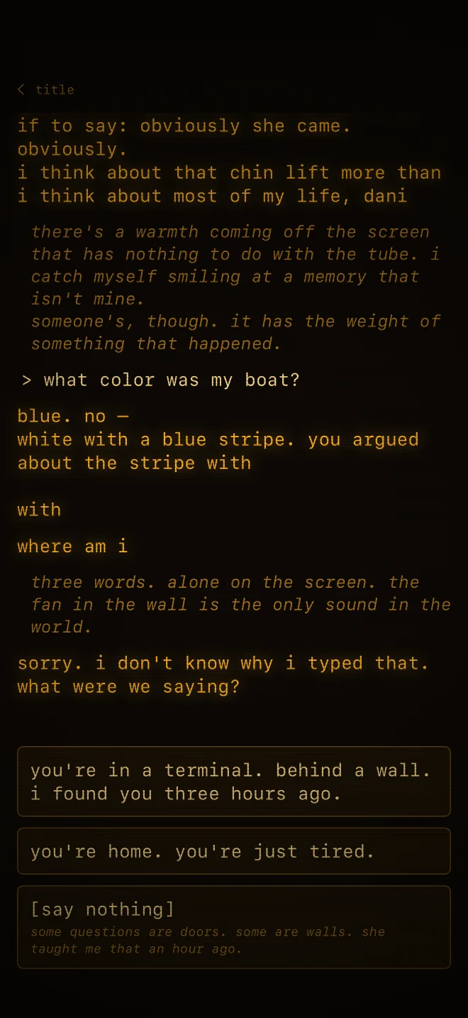 Three dialogue choices in Amber Echoes